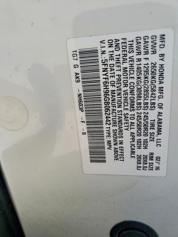 Aukcja sprzedaży 2016 Honda Pilot, vin: 5FNYF6H96GB062442, numer aukcji: 50228636