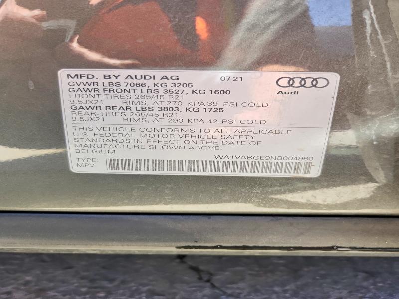 50192436 :رقم المزاد ، WA1VABGE9NB004960 vin ، 2022 Audi E-tron مزاد بيع
