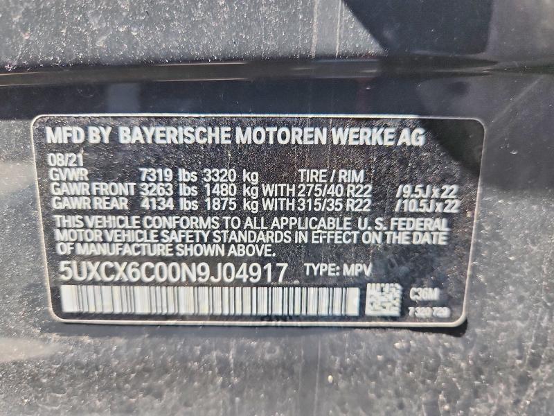 50469786 :رقم المزاد ، 5UXCX6C00N9J04917 vin ، 2022 Bmw X7 مزاد بيع