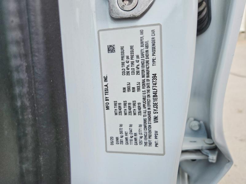2020 Tesla 3 მანქანა იყიდება აუქციონზე, vin: 5YJ3E1EB4LF747394, აუქციონის ნომერი: 50114156