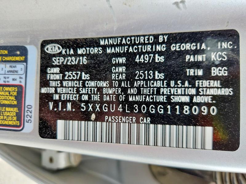 2016 Kia Optima მანქანა იყიდება აუქციონზე, vin: 5XXGU4L30GG118090, აუქციონის ნომერი: 51149586