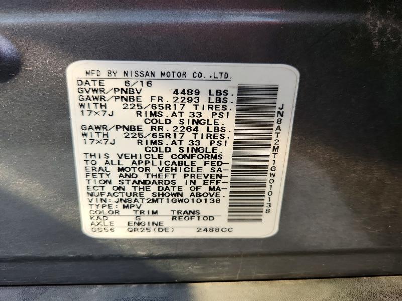 50272476 :رقم المزاد ، JN8AT2MT1GW010138 vin ، 2016 Nissan Rogue مزاد بيع