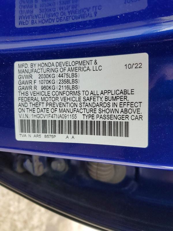 2022 Honda Accord მანქანა იყიდება აუქციონზე, vin: 1HGCV1F47NA091155, აუქციონის ნომერი: 48163916