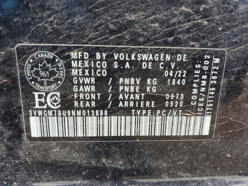 48108206 :رقم المزاد ، 3VWCM7BU9NM013888 vin ، 2022 Volkswagen Jetta مزاد بيع