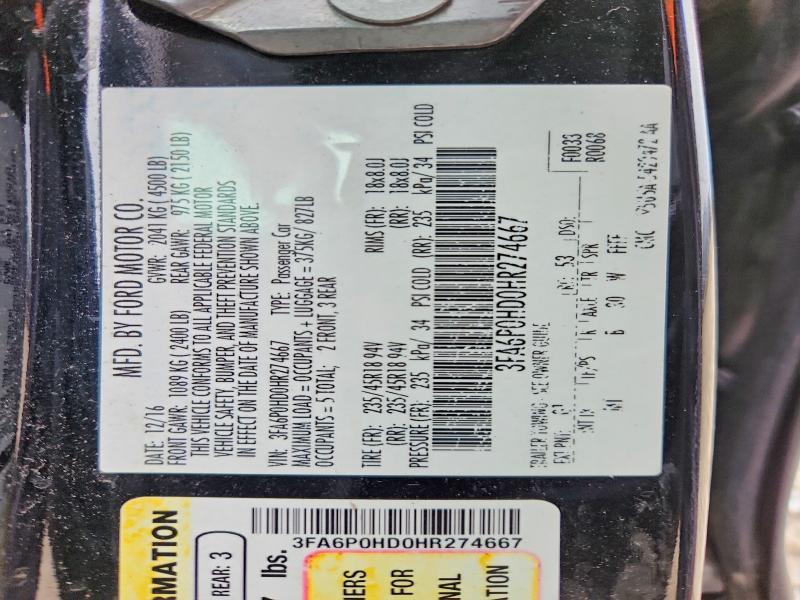 2017 Ford Fusion მანქანა იყიდება აუქციონზე, vin: 3FA6P0HD0HR274667, აუქციონის ნომერი: 51061446