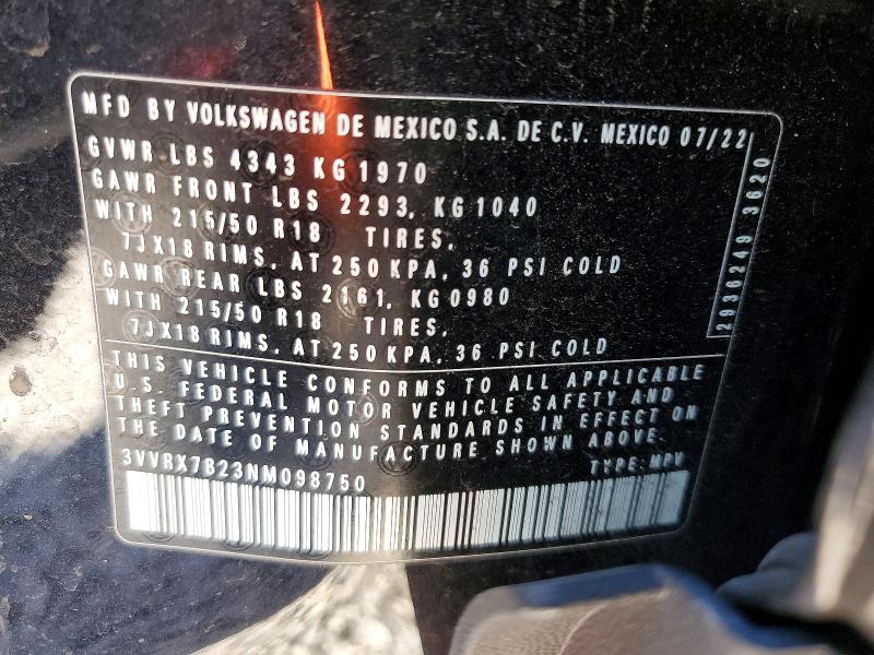 2022 Volkswagen Taos მანქანა იყიდება აუქციონზე, vin: 3VVRX7B23NM098750, აუქციონის ნომერი: 50976836