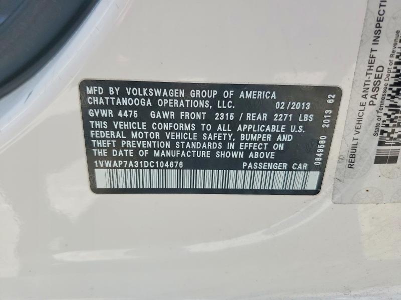 Продажа на аукционе авто 2013 Volkswagen Passat, vin: 1VWAP7A31DC104676, номер лота: 49968686