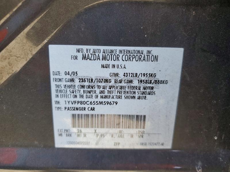 2005 Mazda 6 მანქანა იყიდება აუქციონზე, vin: 1YVFP80C655M59679, აუქციონის ნომერი: 51202496