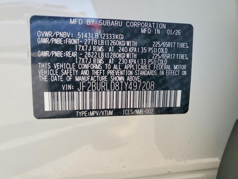 Aukcja sprzedaży 2026 Subaru Outback, vin: JF2BURLD8TY497208, numer aukcji: 51035926