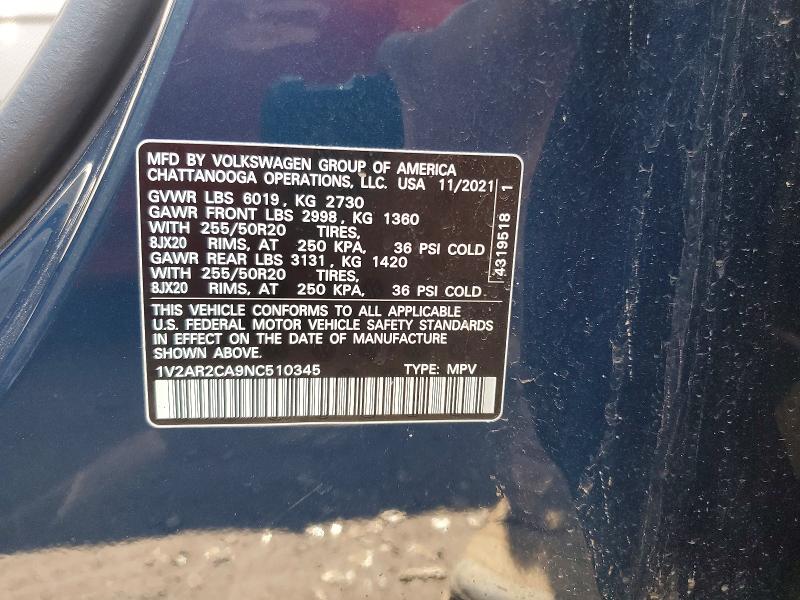 Продажа на аукционе авто 2022 Volkswagen Atlas, vin: 1V2AR2CA9NC510345, номер лота: 49651876