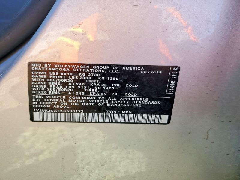 2019 Volkswagen Atlas მანქანა იყიდება აუქციონზე, vin: 1V2UR2CA1KC580172, აუქციონის ნომერი: 49987426