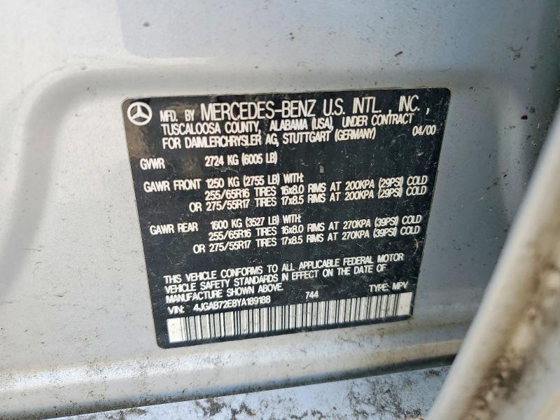 50039296 :رقم المزاد ، 4JGAB72E8YA189188 vin ، 2000 Mercedes-benz Ml430 مزاد بيع