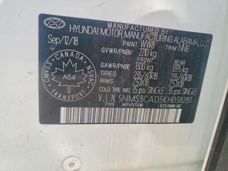 2019 Hyundai Santa Fe მანქანა იყიდება აუქციონზე, vin: 5NMS3CAD5KH038281, აუქციონის ნომერი: 50580506