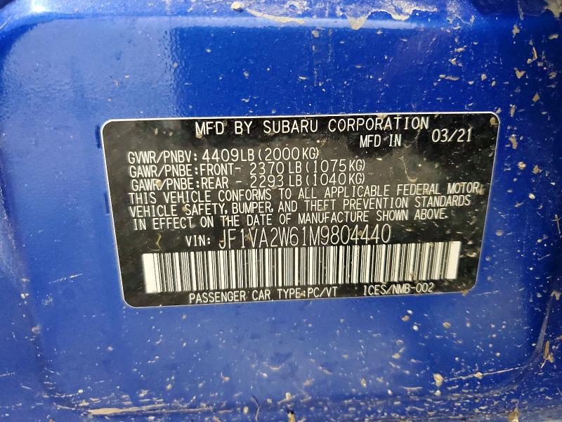 Продаж на аукціоні авто 2021 Subaru Wrx, vin: JF1VA2W61M9804440, номер лоту: 49897306