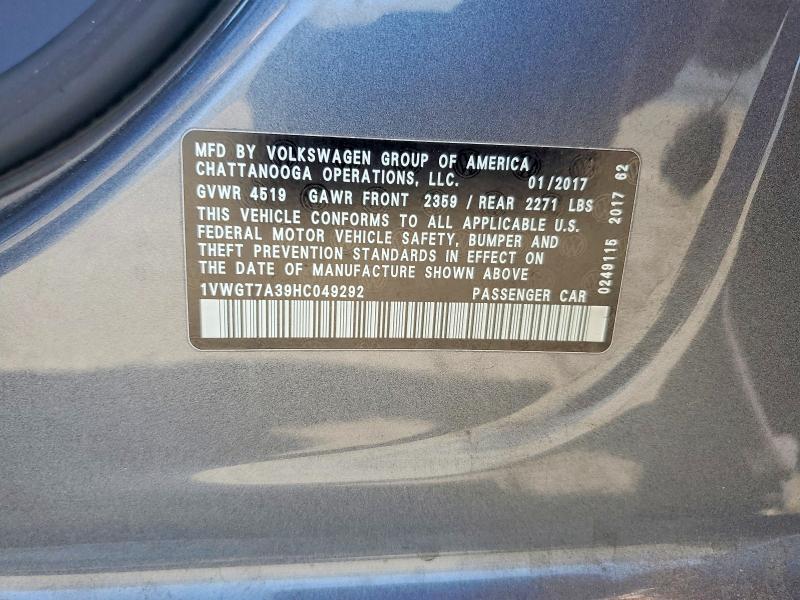 Продаж на аукціоні авто 2017 Volkswagen Passat, vin: 1VWGT7A39HC049292, номер лоту: 50822836