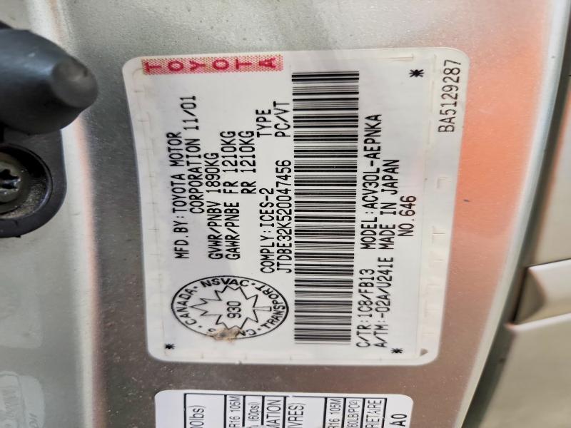 Aukcja sprzedaży 2002 Toyota Camry, vin: JTDBE32K520047456, numer aukcji: 50508096