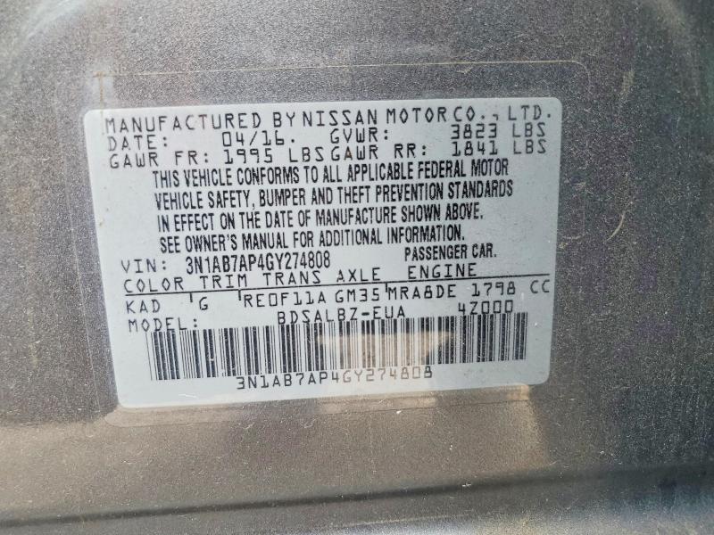 Продаж на аукціоні авто 2016 Nissan Sentra, vin: 3N1AB7AP4GY274808, номер лоту: 49568656