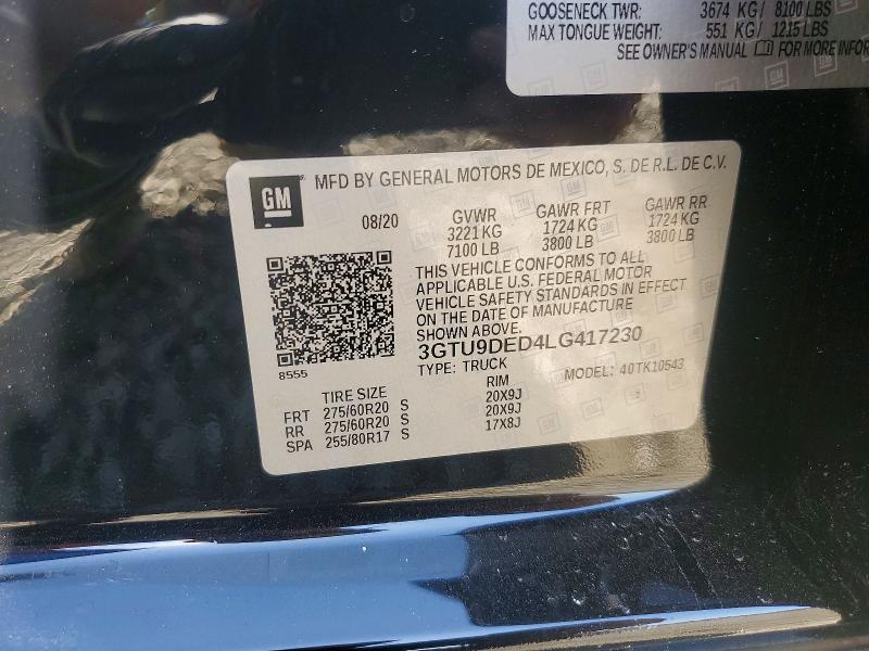 Aukcja sprzedaży 2020 Gmc Sierra, vin: 3GTU9DED4LG417230, numer aukcji: 48862066