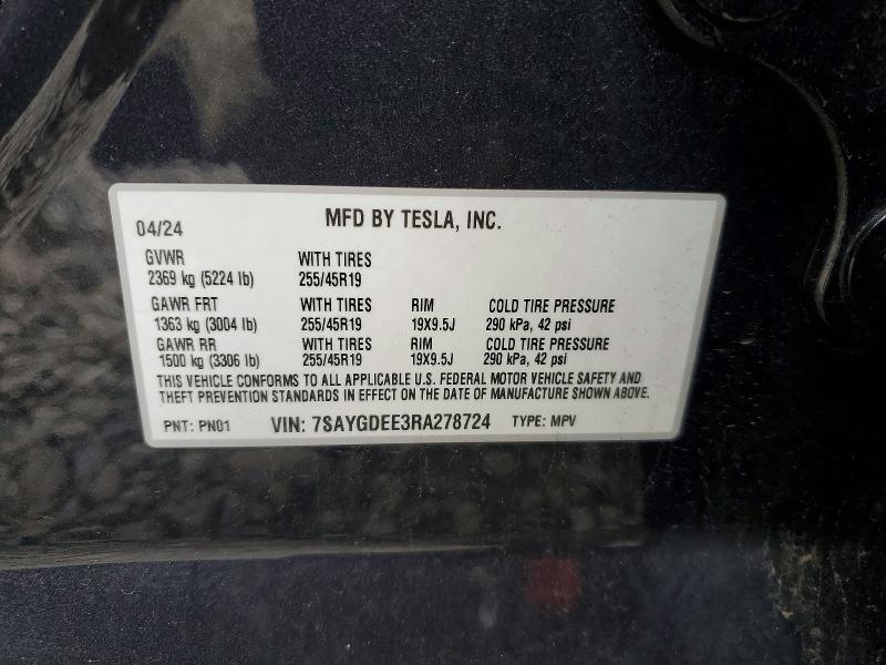 Aukcja sprzedaży 2024 Tesla Model Y, vin: 7SAYGDEE3RA278724, numer aukcji: 52019896