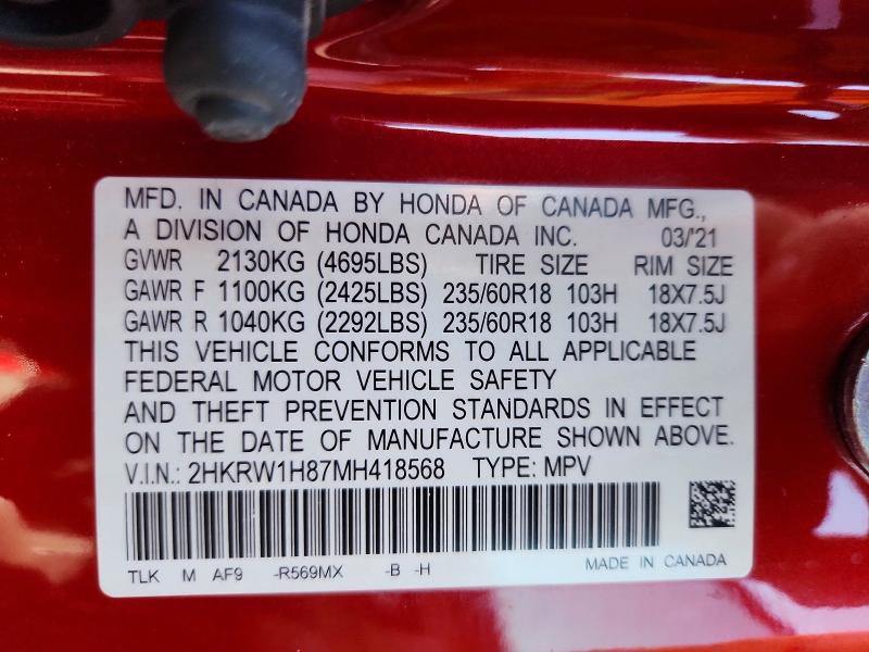Продажа на аукционе авто 2021 Honda Cr-v, vin: 2HKRW1H87MH418568, номер лота: 51203766