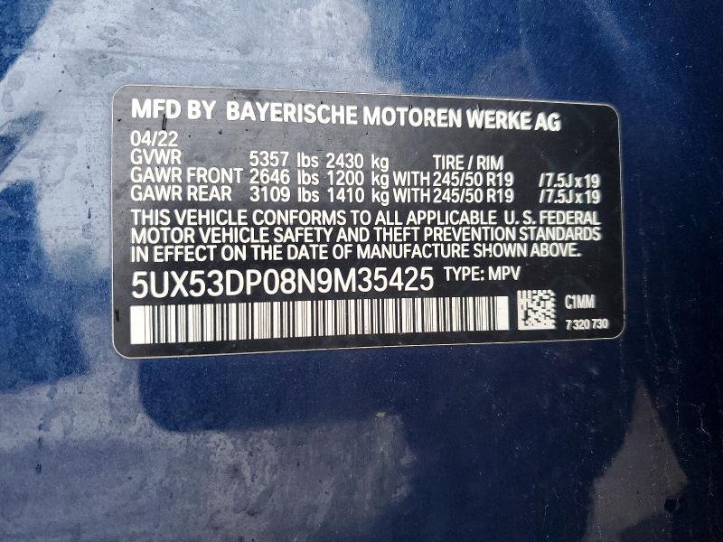 2022 Bmw X3 მანქანა იყიდება აუქციონზე, vin: 5UX53DP08N9M35425, აუქციონის ნომერი: 51558306