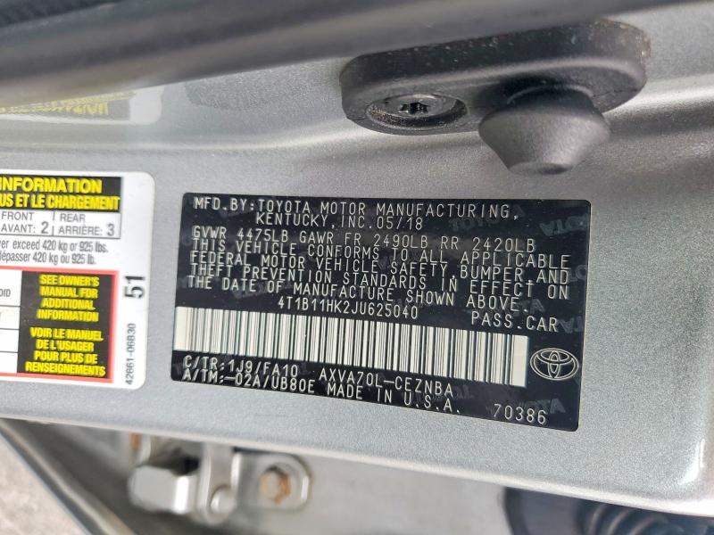 Продажа на аукционе авто 2018 Toyota Camry, vin: 4T1B11HK2JU625040, номер лота: 51862916
