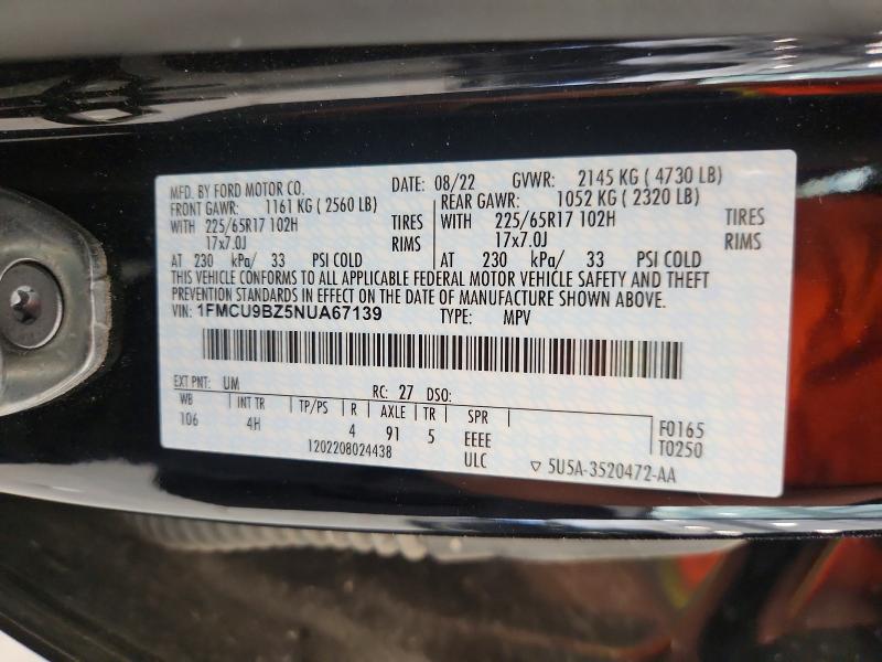 2022 Ford Escape მანქანა იყიდება აუქციონზე, vin: 1FMCU9BZ5NUA67139, აუქციონის ნომერი: 50821896