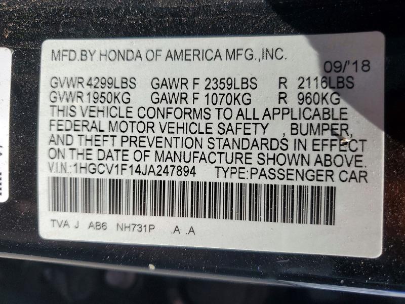49998996 :رقم المزاد ، 1HGCV1F14JA247894 vin ، 2018 Honda Accord مزاد بيع