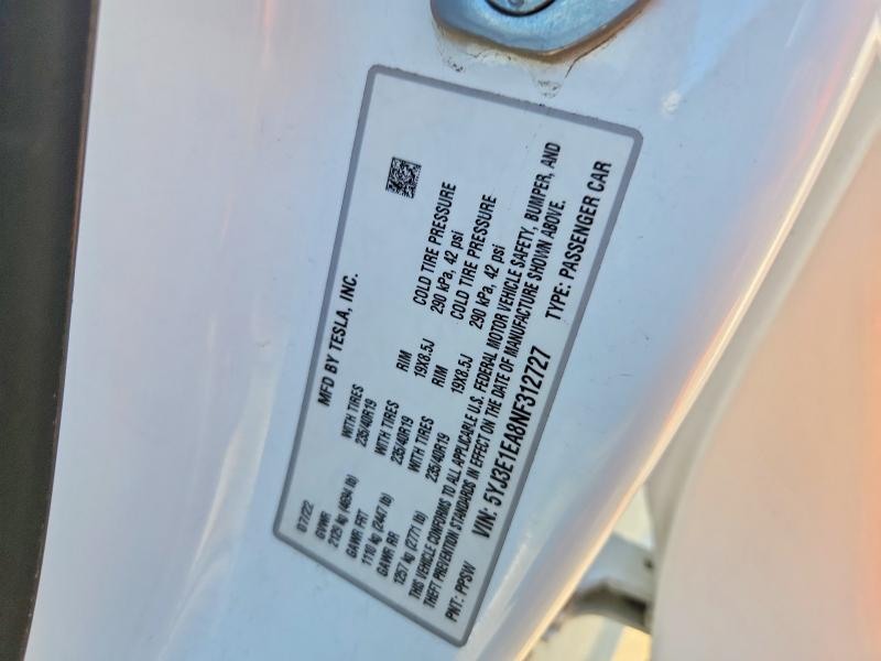 Aukcja sprzedaży 2022 Tesla Model 3, vin: 5YJ3E1EA8NF312727, numer aukcji: 47267566