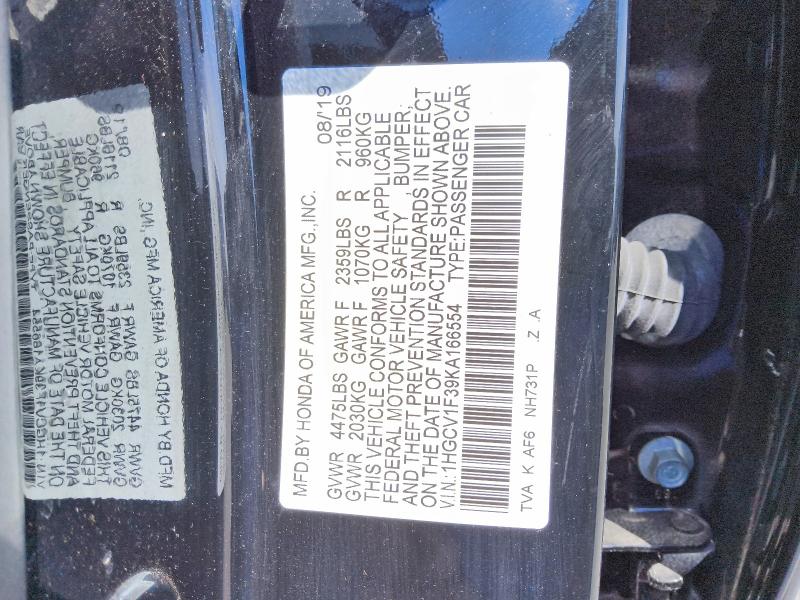Продажа на аукционе авто 2019 Honda Accord, vin: 1HGCV1F39KA166554, номер лота: 48707606