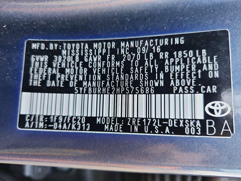 49677786 :رقم المزاد ، 5YFBURHE2HP575686 vin ، 2017 Toyota Corolla مزاد بيع