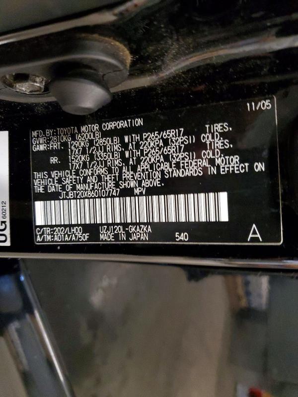 Aukcja sprzedaży 2006 Lexus Gx, vin: JTJBT20X860107747, numer aukcji: 51609296