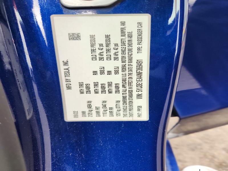 51327546 :رقم المزاد ، 5YJ3E1EA4NF369491 vin ، 2022 Tesla Model 3 مزاد بيع