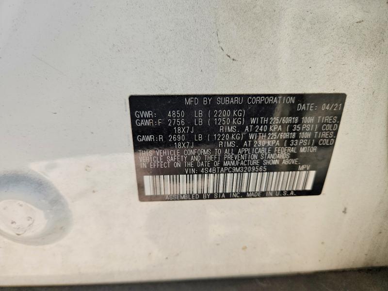 2021 Subaru Outback მანქანა იყიდება აუქციონზე, vin: 4S4BTAPC9M3209565, აუქციონის ნომერი: 51691216