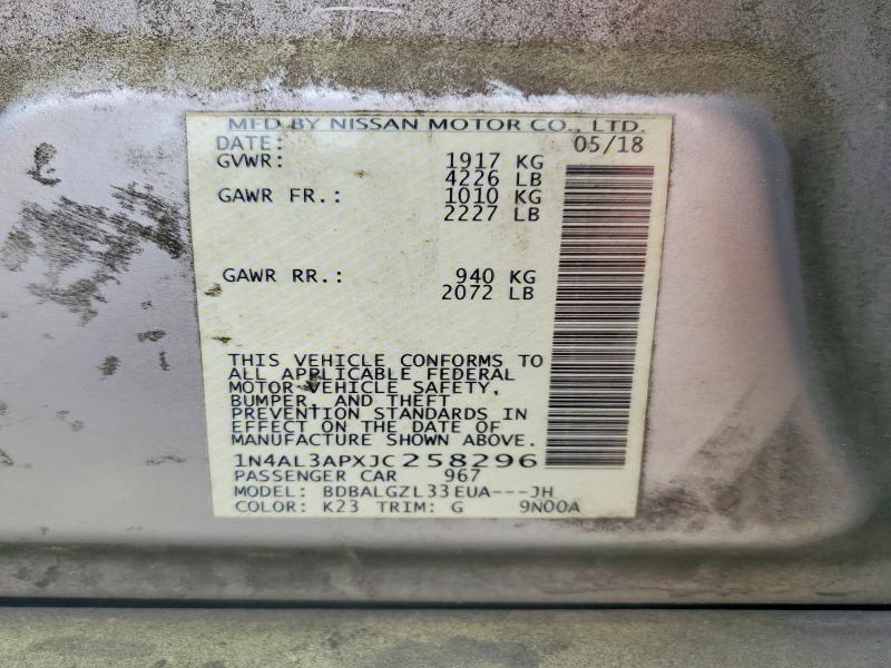 2018 Nissan Altima მანქანა იყიდება აუქციონზე, vin: 1N4AL3APXJC258296, აუქციონის ნომერი: 49812046