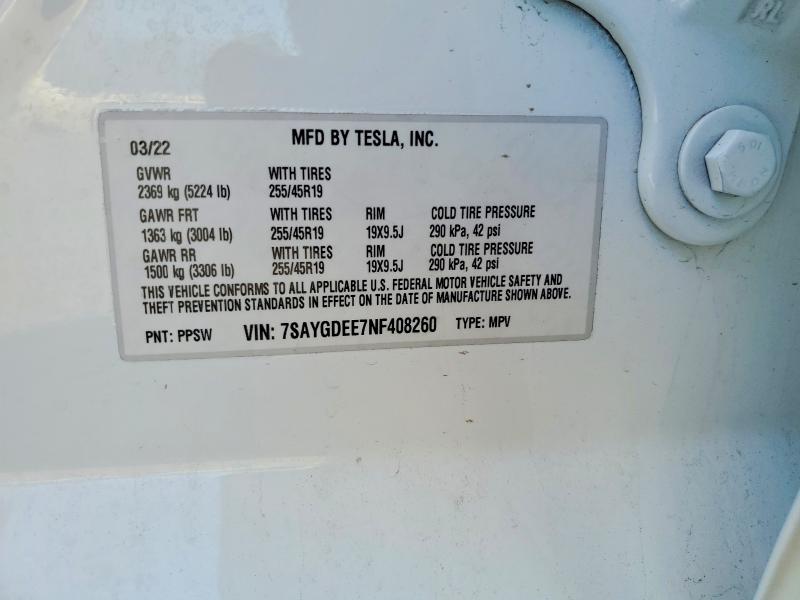 50837096 :رقم المزاد ، 7SAYGDEE7NF408260 vin ، 2022 Tesla Model Y مزاد بيع