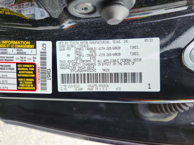Продажа на аукционе авто 2022 Toyota Tundra, vin: 5TFLA5DBXNX032343, номер лота: 49246216