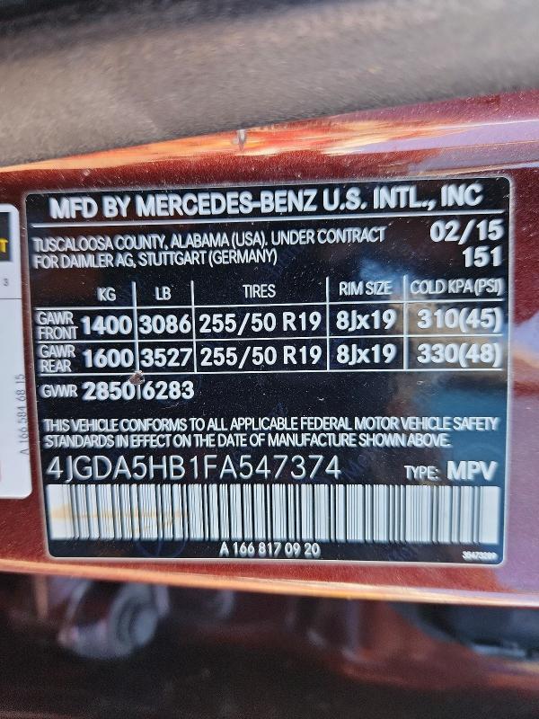 2015 Mercedes-benz Ml მანქანა იყიდება აუქციონზე, vin: 4JGDA5HB1FA547374, აუქციონის ნომერი: 51172616