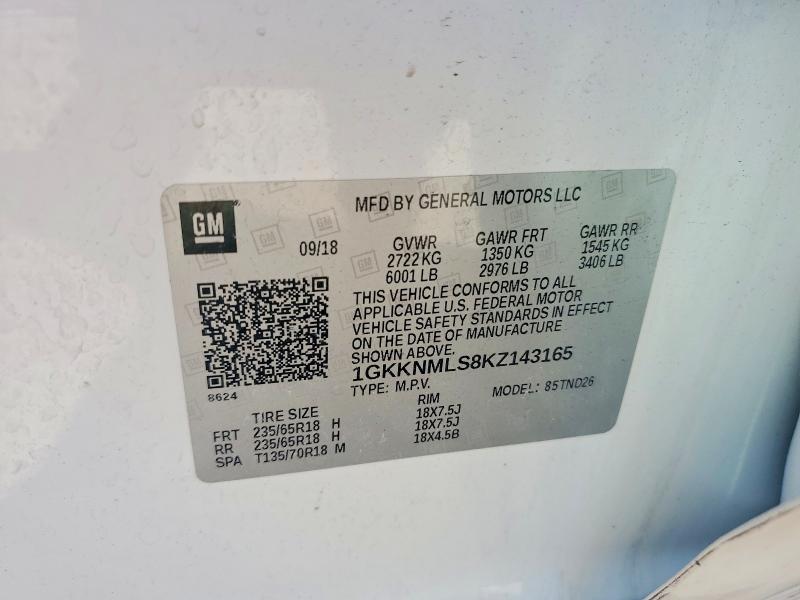 49483456 :رقم المزاد ، 1GKKNMLS8KZ143165 vin ، 2019 Gmc Acadia مزاد بيع