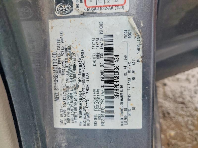 Продаж на аукціоні авто 2012 Ford Fusion, vin: 3FAHP0HA8CR361434, номер лоту: 49649796