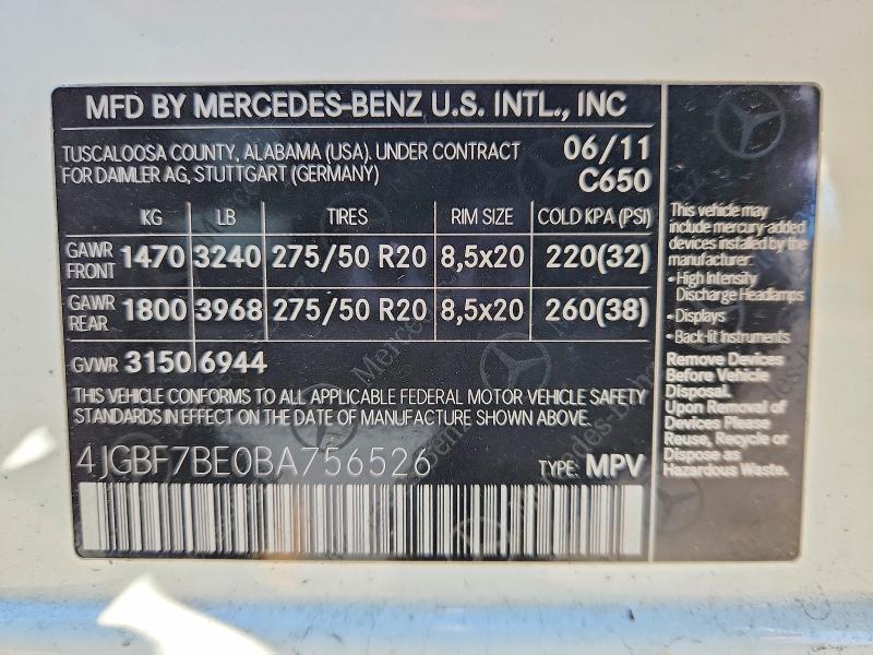 48918006 :رقم المزاد ، 4JGBF7BE0BA756526 vin ، 2011 Mercedes-benz Gl مزاد بيع