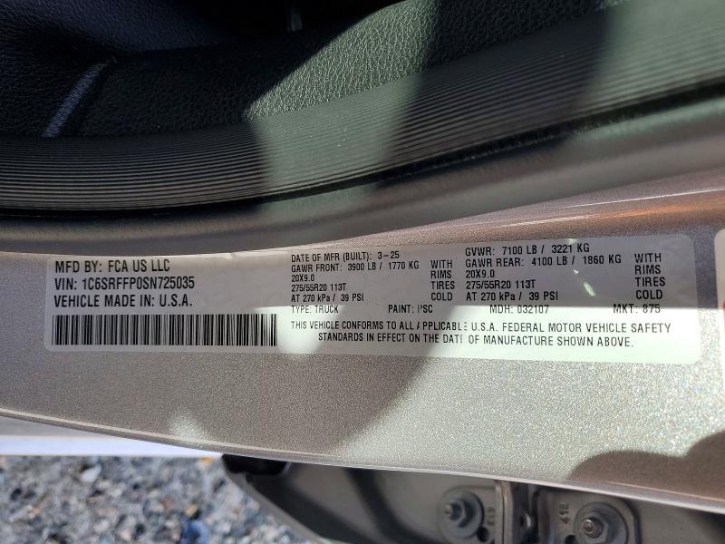 2025 Ram 1500 მანქანა იყიდება აუქციონზე, vin: 1C6SRFFP0SN725035, აუქციონის ნომერი: 49665376