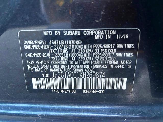51350936 :رقم المزاد ، JF2GTACC1KH269874 vin ، 2019 Subaru Crosstrek مزاد بيع