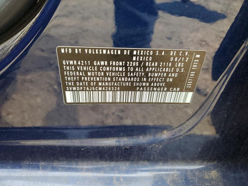 2012 Volkswagen Jetta მანქანა იყიდება აუქციონზე, vin: 3VWDP7AJ5CM426326, აუქციონის ნომერი: 51808166