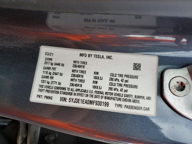 2021 Tesla Model 3 მანქანა იყიდება აუქციონზე, vin: 5YJ3E1EA0MF930199, აუქციონის ნომერი: 48145646