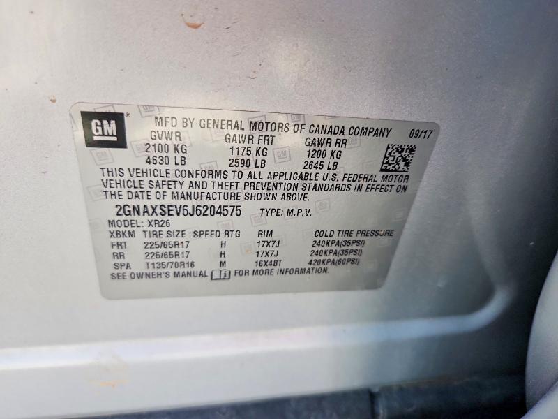 50741066 :رقم المزاد ، 2GNAXSEV6J6204575 vin ، 2018 Chevrolet Equinox مزاد بيع