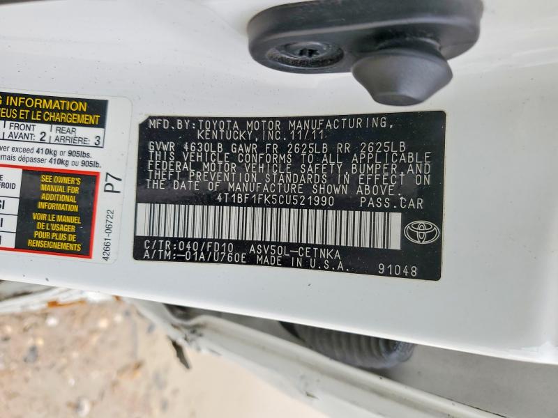 Aukcja sprzedaży 2012 Toyota Camry, vin: 4T1BF1FK5CU521990, numer aukcji: 51155616