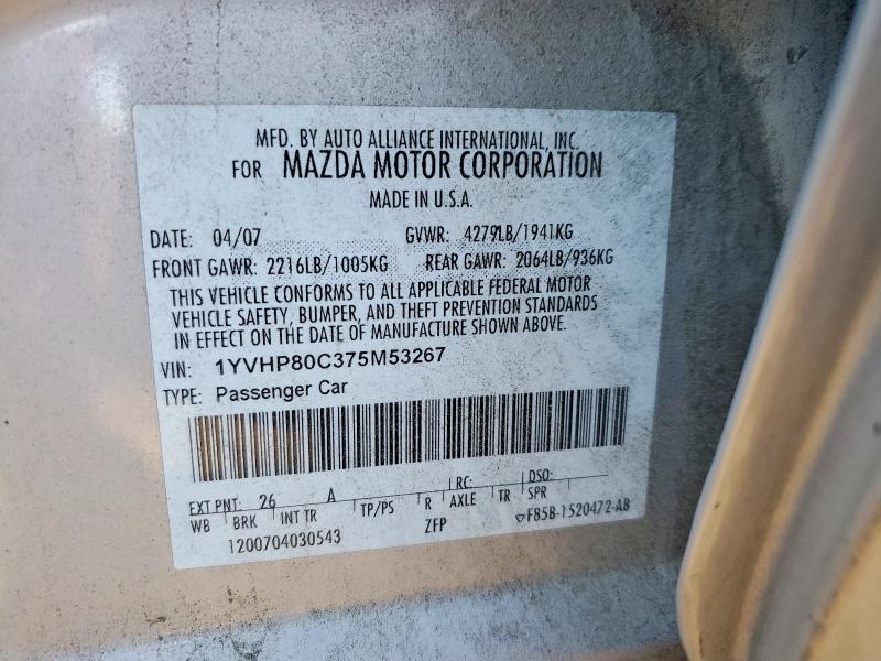 Aukcja sprzedaży 2007 Mazda 6, vin: 1YVHP80C375M53267, numer aukcji: 50571636