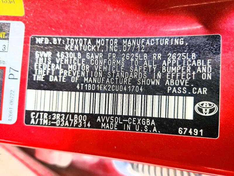 Aukcja sprzedaży 2012 Toyota Camry Hybrid, vin: 4T1BD1FK2CU041704, numer aukcji: 51961156