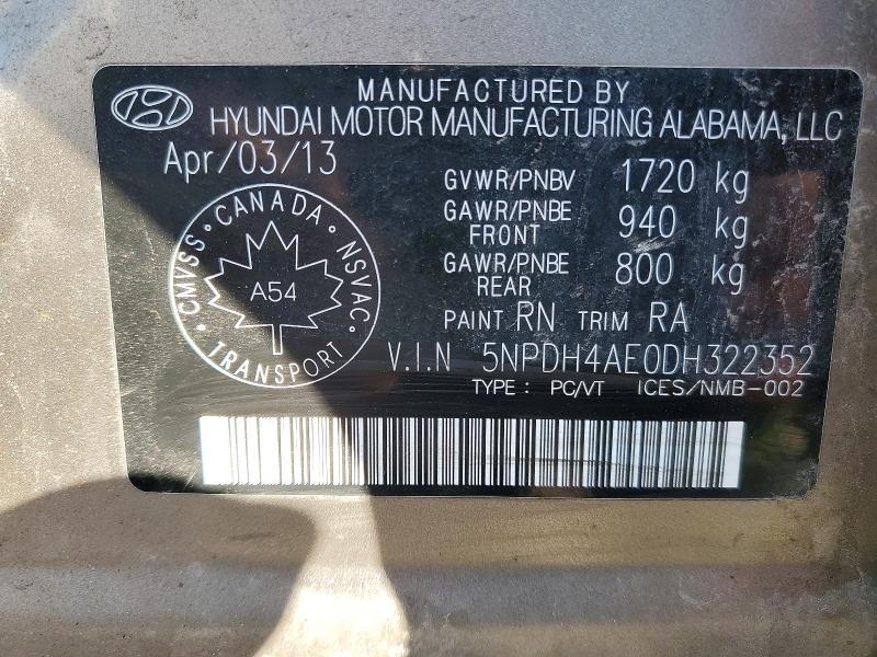 Продажа на аукционе авто 2013 Hyundai Elantra, vin: 5NPDH4AE0DH322352, номер лота: 48797696